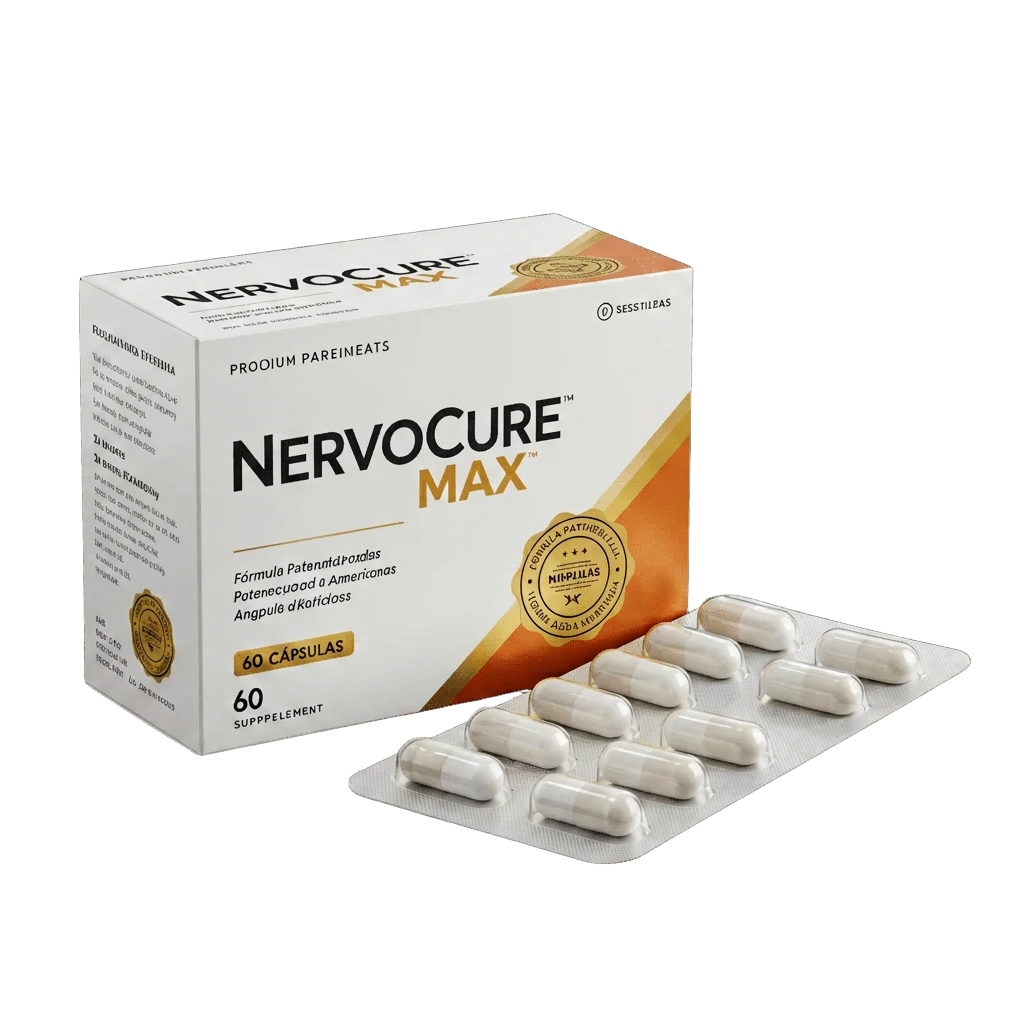 Caixa de NervoCure Max com 60 cápsulas e cartela de blister, suplemento com metilcobalamina, curcumina e magnésio